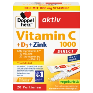 Abbildung der Produktverpackung Doppelherz aktiv Vitamin C 1000 DIRECT Frontansicht